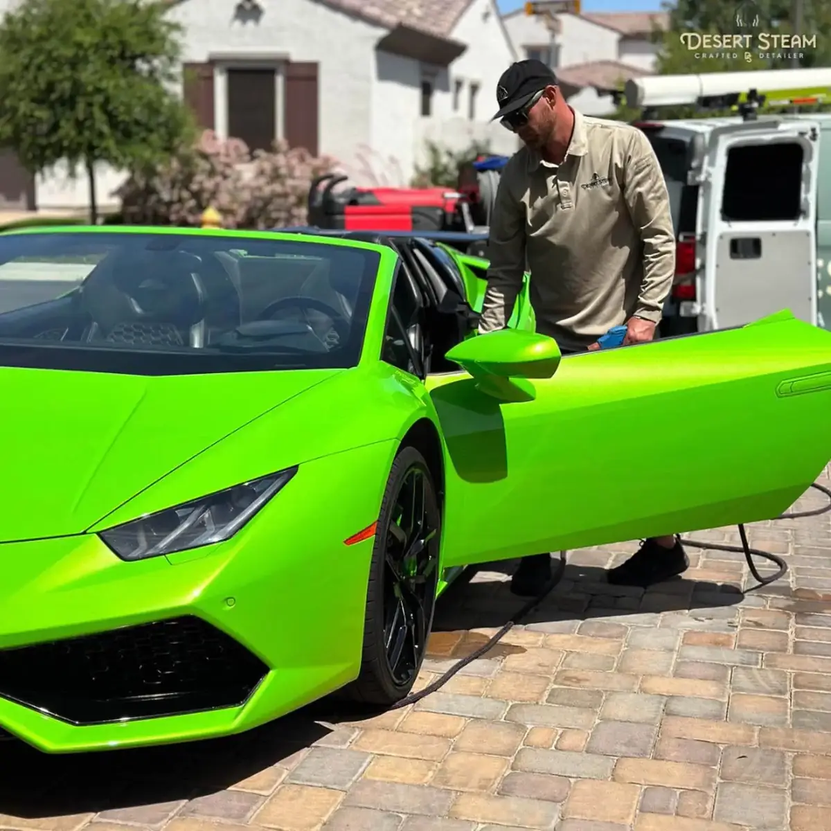 Desert Steam Detail technician detailing a luxury supercar in Scottsdale, Arizona